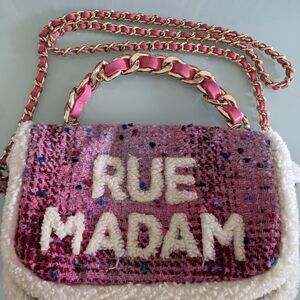 Rue Madame Pink Tweed Crossbody Bag with Chain Strap